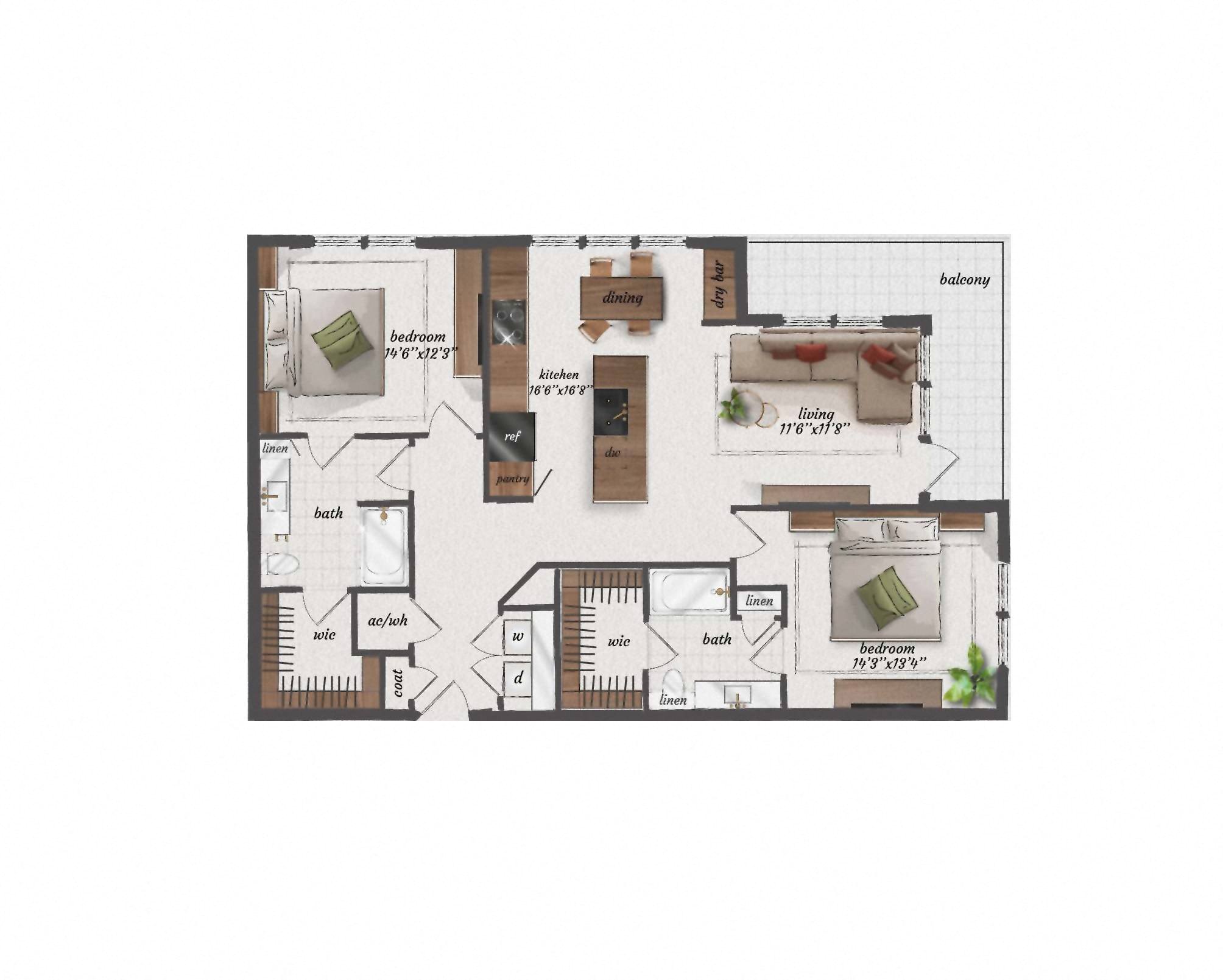 Floor plan for 2 beds, 2 baths, 1285 sqft